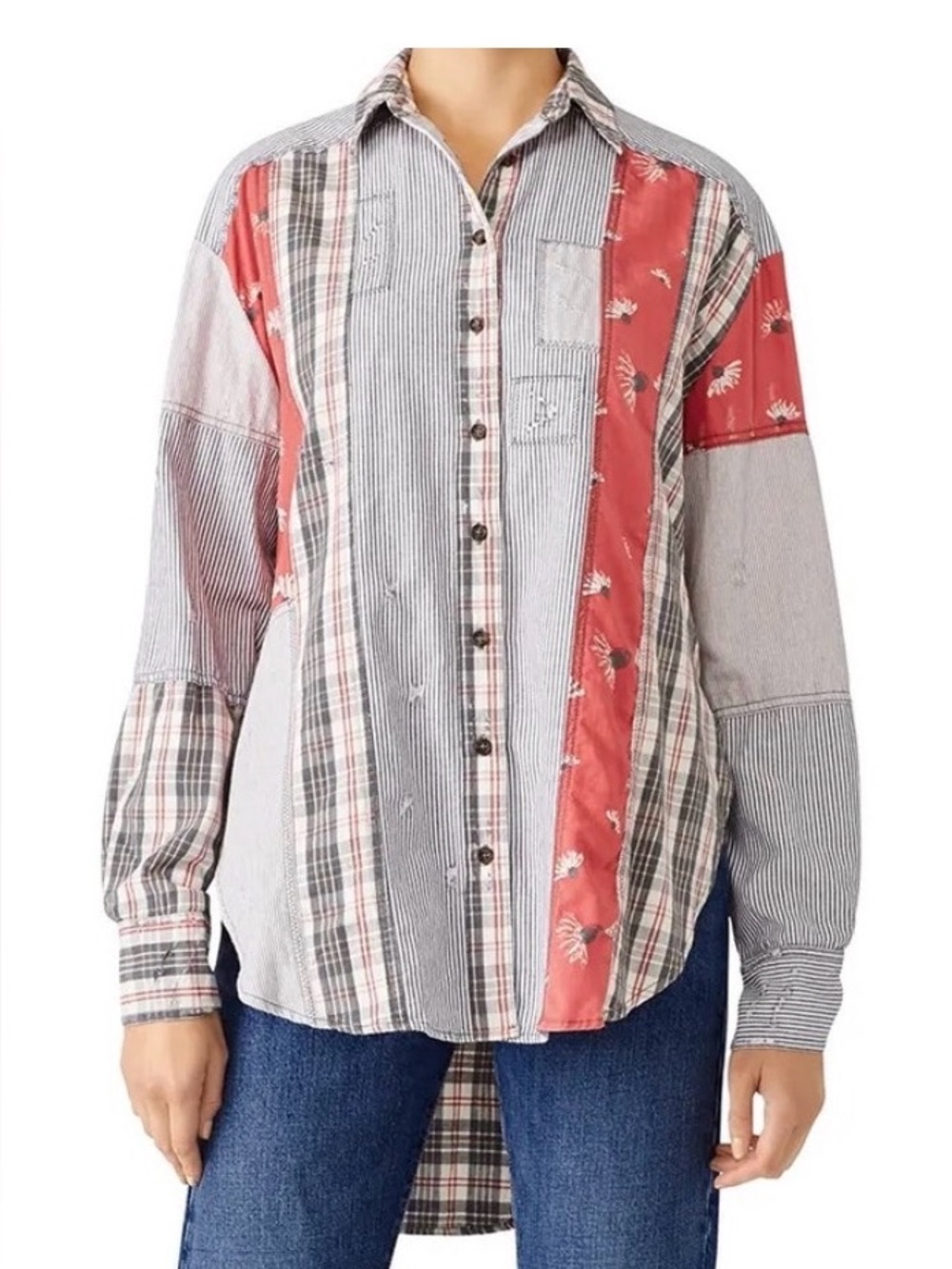Free People All Patched Up Button Down Shirt Patchwork Plaid Floral Oversized M